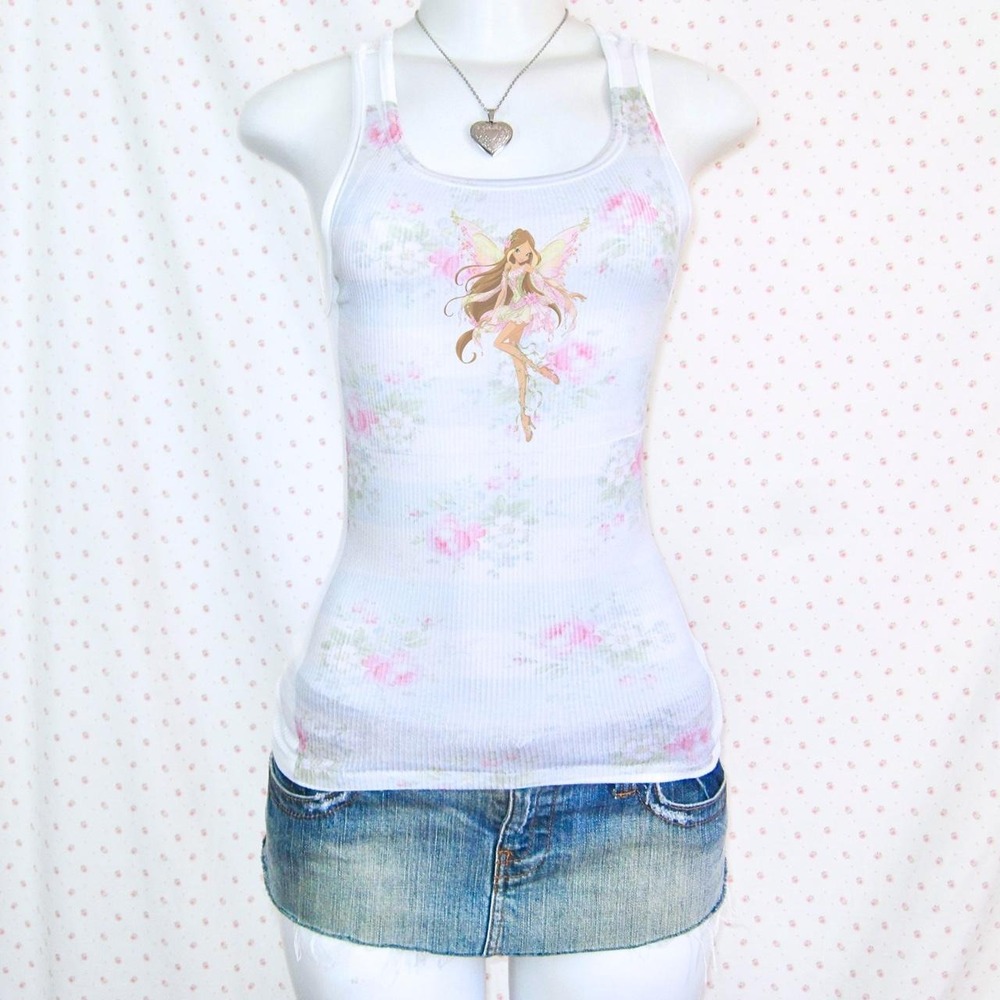 y2k fairy graphic floral ribbed tank top